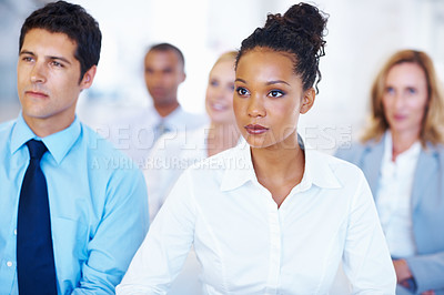 Buy stock photo Portrait of multi ethnic business people attending meeting together