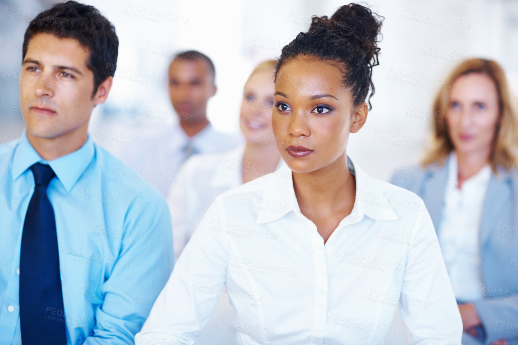 Buy stock photo Portrait of multi ethnic business people attending meeting together