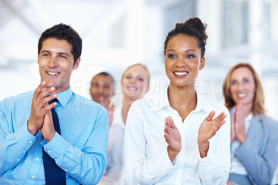 Buy stock photo Portrait of happy multi ethnic business people applauding after successful seminar