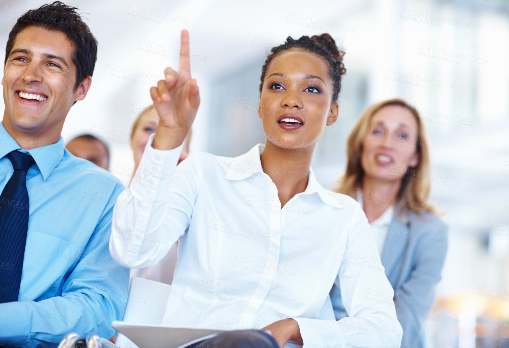 Buy stock photo Portrait of African American business woman clearing her doubts during seminar