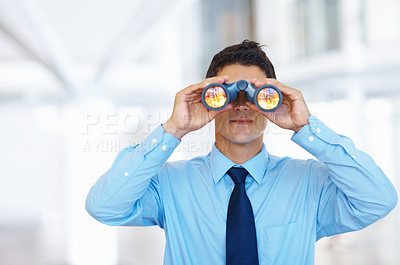Buy stock photo Portrait of young business man seeking through binoculars
