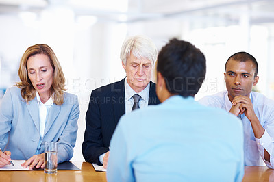 Buy stock photo Portrait of business panel interviewing an applicant for job