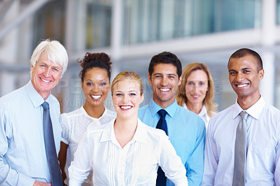 Buy stock photo Portrait of multi racial business team smiling together at office