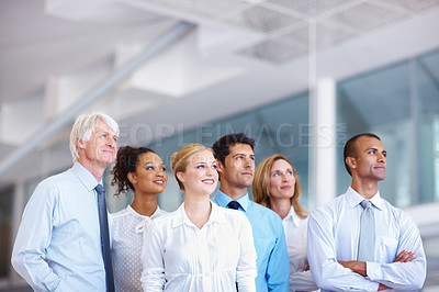 Buy stock photo Portrait of dedicated multi racial business team together at office