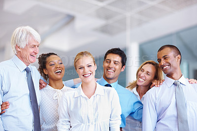 Buy stock photo Portrait of young business woman smiling with her group at office