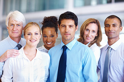 Buy stock photo Portrait of diverse executives smiling together at office