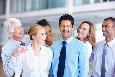 Buy stock photo Portrait of cheerful multi ethnic business team smiling together at office