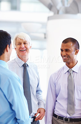 Buy stock photo Portrait of three business men in happy discussion at office