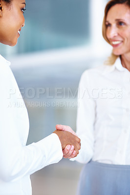Buy stock photo Portrait of multi racial business woman shaking hands with each other