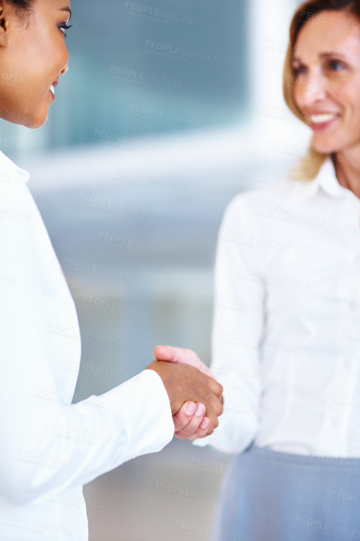 Buy stock photo Women, shaking hands and welcome to office staff, support and client negotiation success. Business people, partnership and b2b thank you at work, onboarding and greeting introduction in meeting