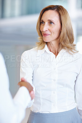 Buy stock photo Portrait of mature business woman shaking hands with other female executive