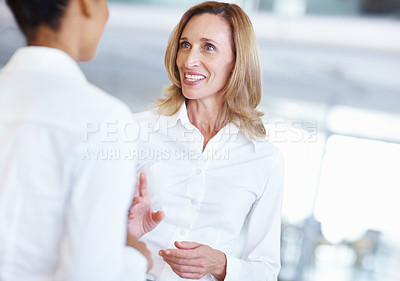 Buy stock photo Portrait of mature business woman conversing with female executive at office