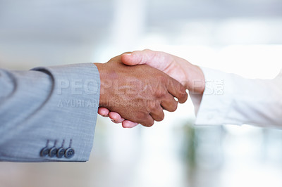 Buy stock photo Closeup of multi ethnic handshake between business people at office