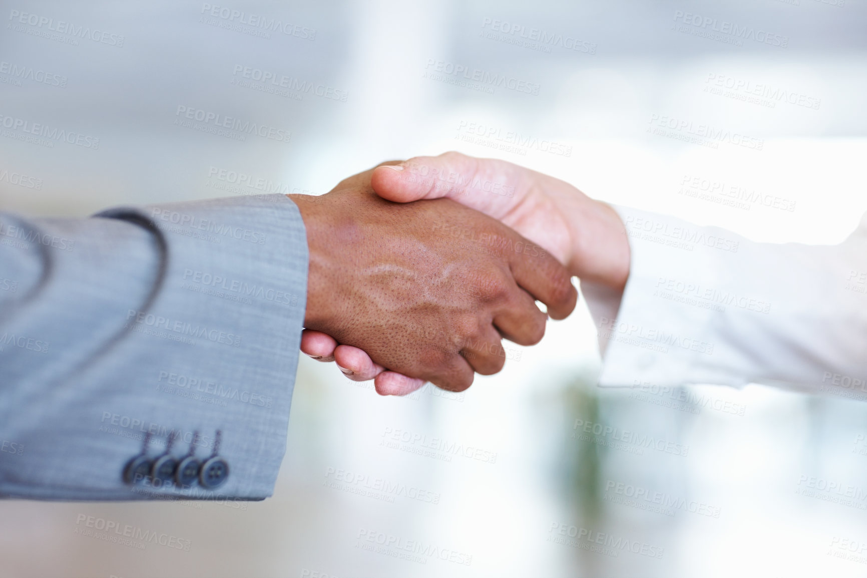 Buy stock photo Closeup of multi ethnic handshake between business people at office