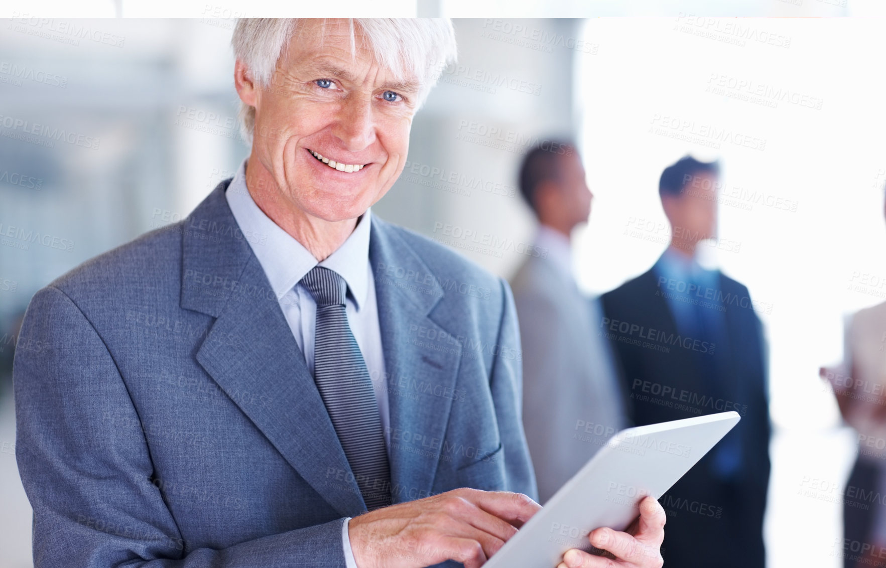 Buy stock photo Tablet, portrait and leadership of business man in office with team for accounting, finance or wealth management. Company, smile and technology with happy person in professional workplace for career