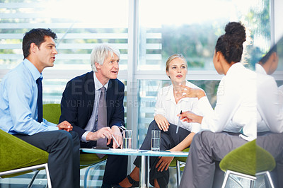 Buy stock photo Portrait of multi racial business group discussing together at office
