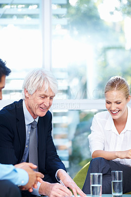 Buy stock photo Portrait of smiling business people discussing in meeting