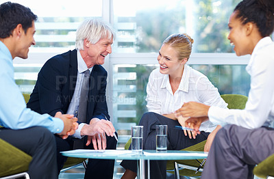 Buy stock photo Portrait of multi ethnic business team having happy discussion at office