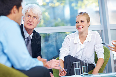 Buy stock photo Portrait of confident business people in discussion at office