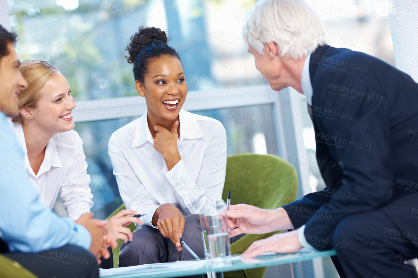 Buy stock photo Portrait of multi racial business group in happy discussion at office