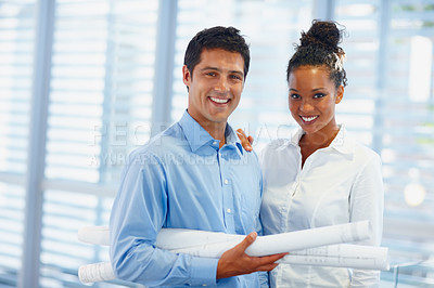 Buy stock photo Portrait of confident young architects smiling together