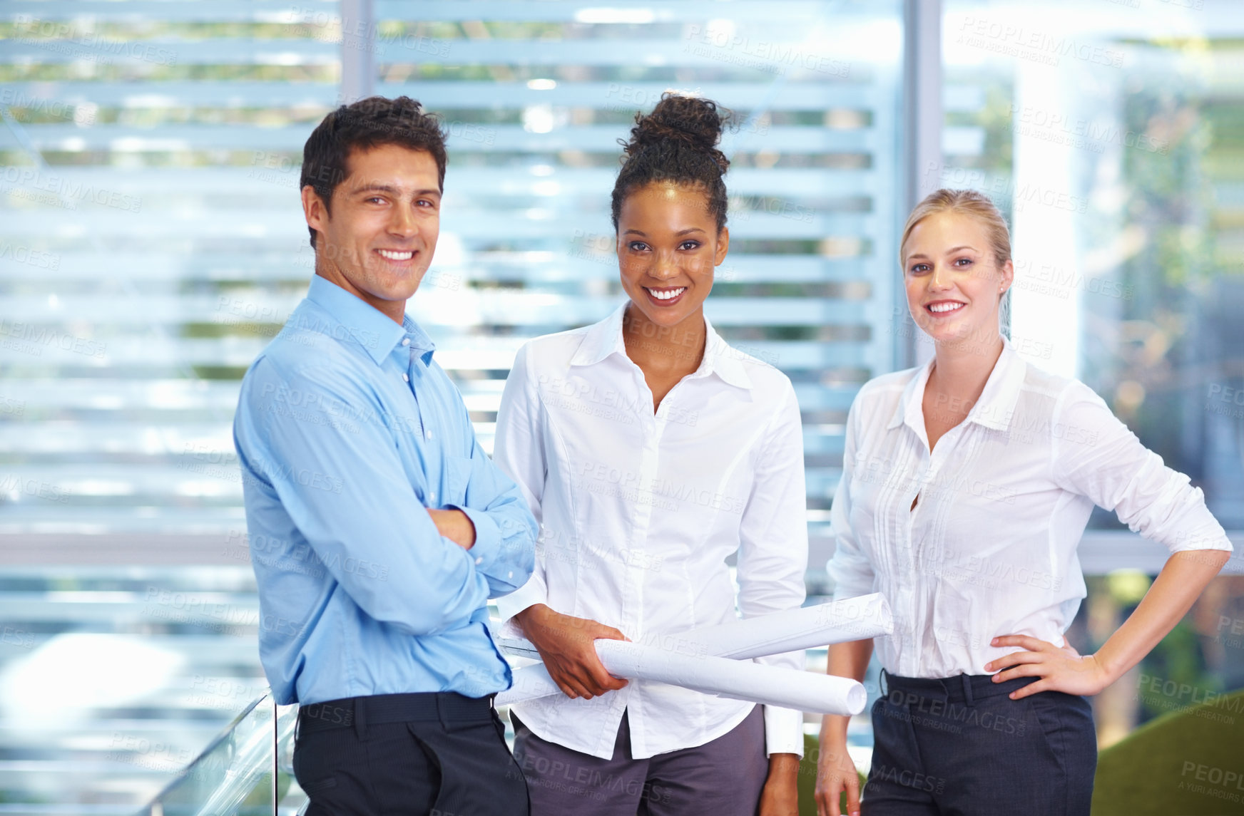 Buy stock photo Group of successful multi racial architecture team smiling together