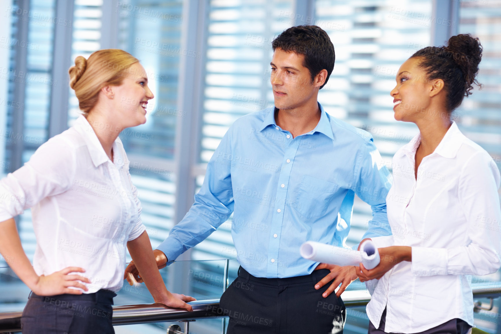 Buy stock photo Portrait of multi racial architects conversing with blueprints