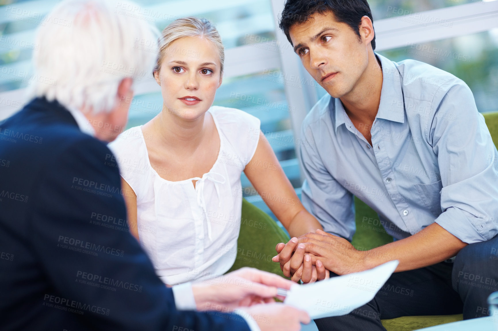 Buy stock photo Portrait of cute couple taking advice from financial adviser