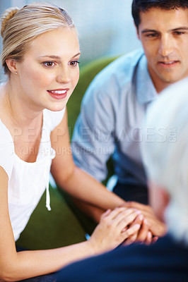 Buy stock photo Portrait of beautiful woman clearing her doubts with financial adviser