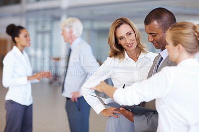 Buy stock photo Portrait of multi racial business people working together at office
