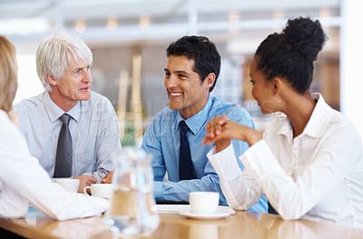 Buy stock photo Portrait of multi ethnic business team having happy conversation at conference room