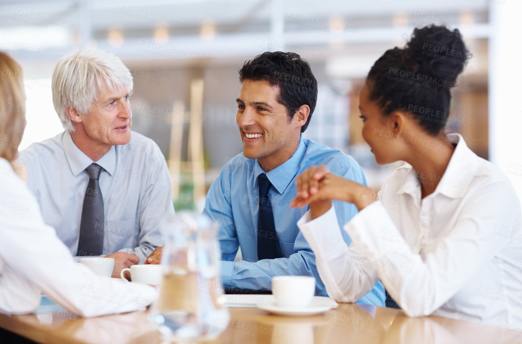 Buy stock photo Business people, smile and planning in meeting, conversation and teamwork for project. Group, employees and coworkers in boardroom, support and cooperation for proposal, planning and collaboration