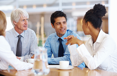 Buy stock photo Portrait of multi racial business group discussing at seminar room