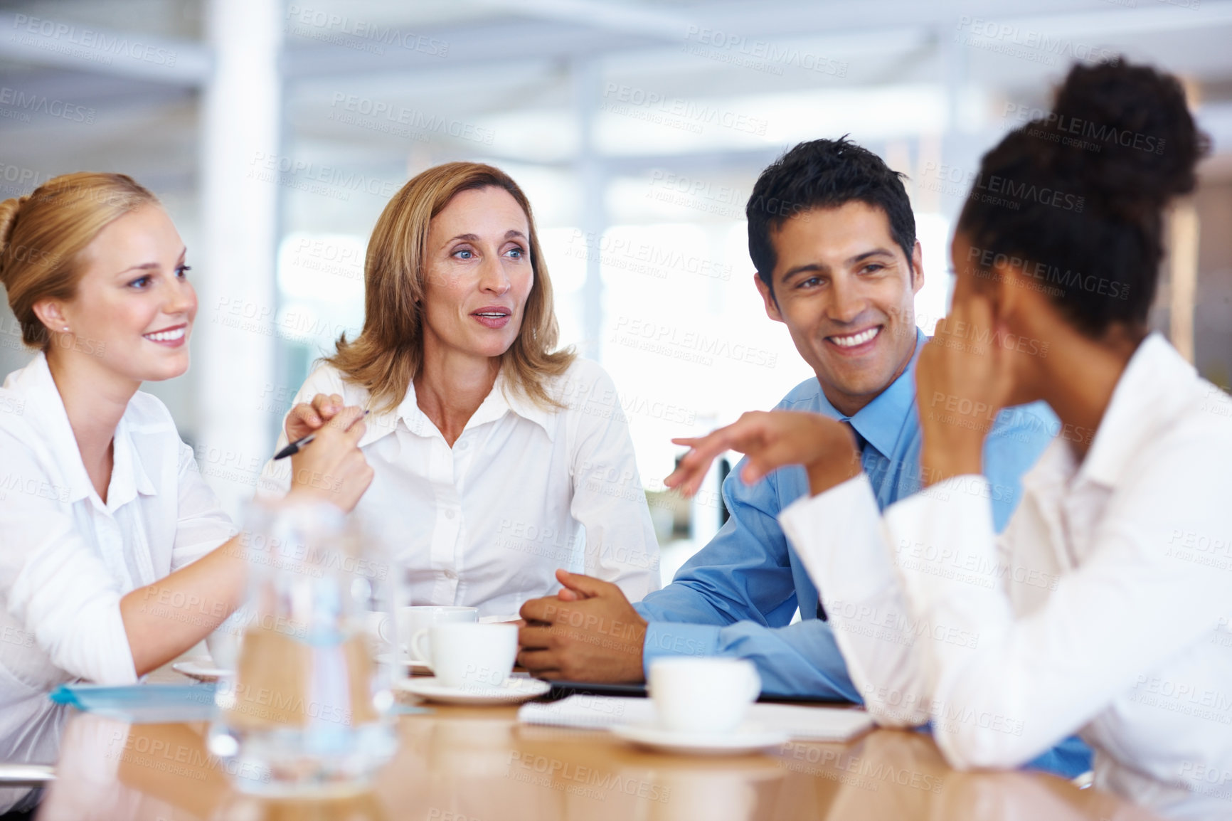 Buy stock photo Business people, teamwork and planning in meeting, conversation and ideas for project. Group, employees and coworkers with support, sales and cooperation for proposal, discussion and collaboration