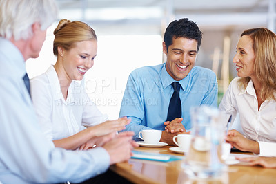 Buy stock photo Portrait of business executives discussing while in meeting