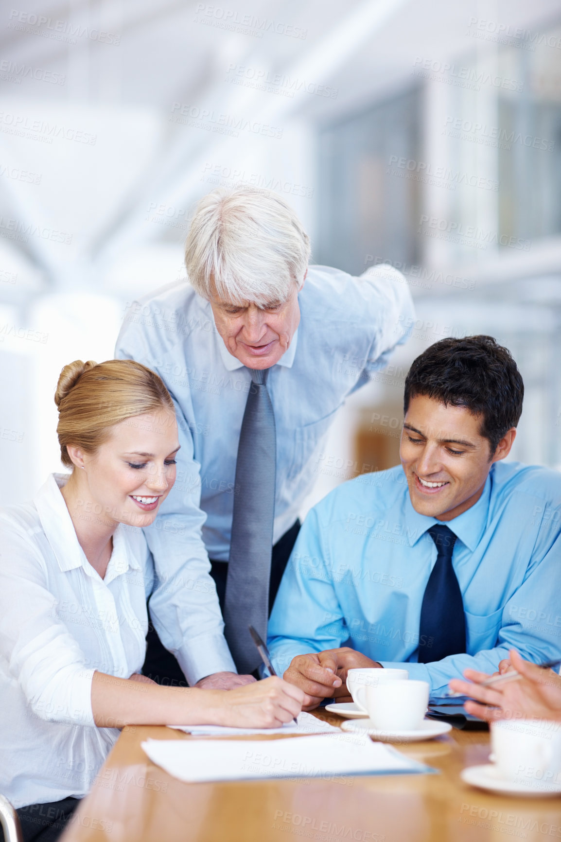 Buy stock photo Business people, writing and planning in meeting, conversation and teamwork for project. Group, employees and coworkers in boardroom, support and cooperation for proposal, contract and collaboration