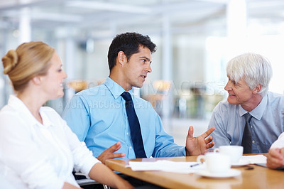 Buy stock photo Portrait of business men discussing with female executive at meeting