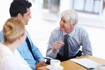 Buy stock photo Portrait of senior business man speaking with colleagues at office