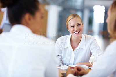Buy stock photo Portrait of charming business woman in meeting with other executives at office