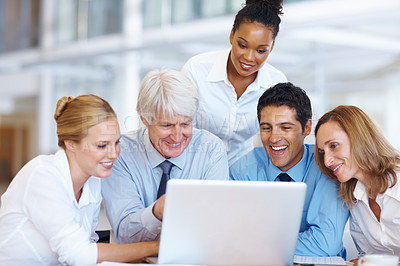Buy stock photo Portrait of multi racial business people working on laptop together at office