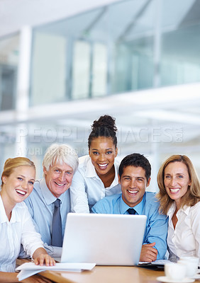 Buy stock photo Portrait of successful multi ethnic business people working together on laptop