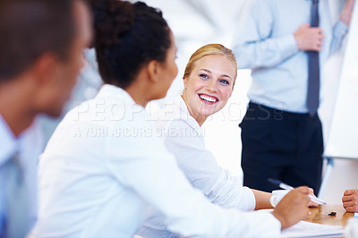 Buy stock photo Portrait of beautiful business woman smiling with executives in presentation