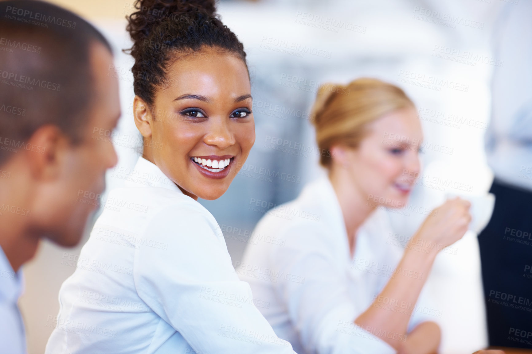 Buy stock photo Happy woman, portrait and meeting with group for presentation, job or career together in boardroom. Young, female person or employee with smile for teamwork, conference or strategy at workplace