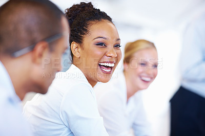 Buy stock photo Portrait of happy African American business woman with team in meeting