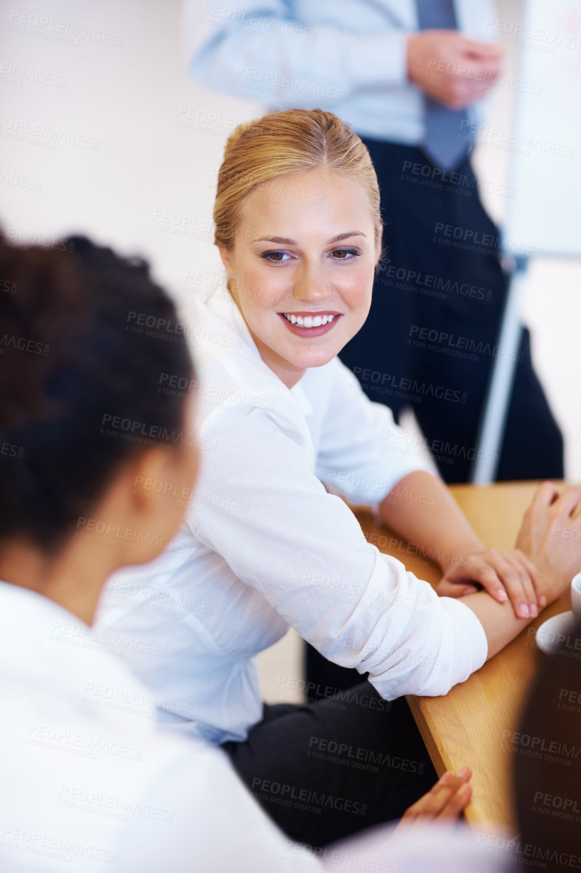 Buy stock photo Business people, conversation and planning with teamwork, ideas and feedback in meeting. Group, employees and journalist with smile, discussion and review for article, happiness and cooperation