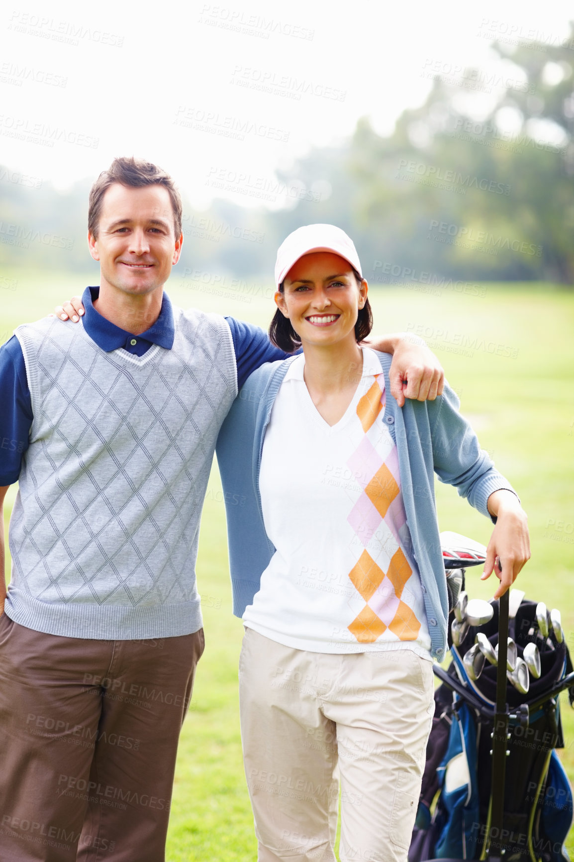 Buy stock photo Portrait, golf course and couple with fitness, happiness and grass field with sports, recreation and health. Face, man and woman with wellness, activity and hobby with training, routine and outdoor