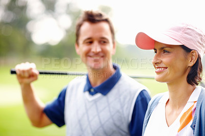 Buy stock photo Closeup of cute woman smiling with man holding a golf club