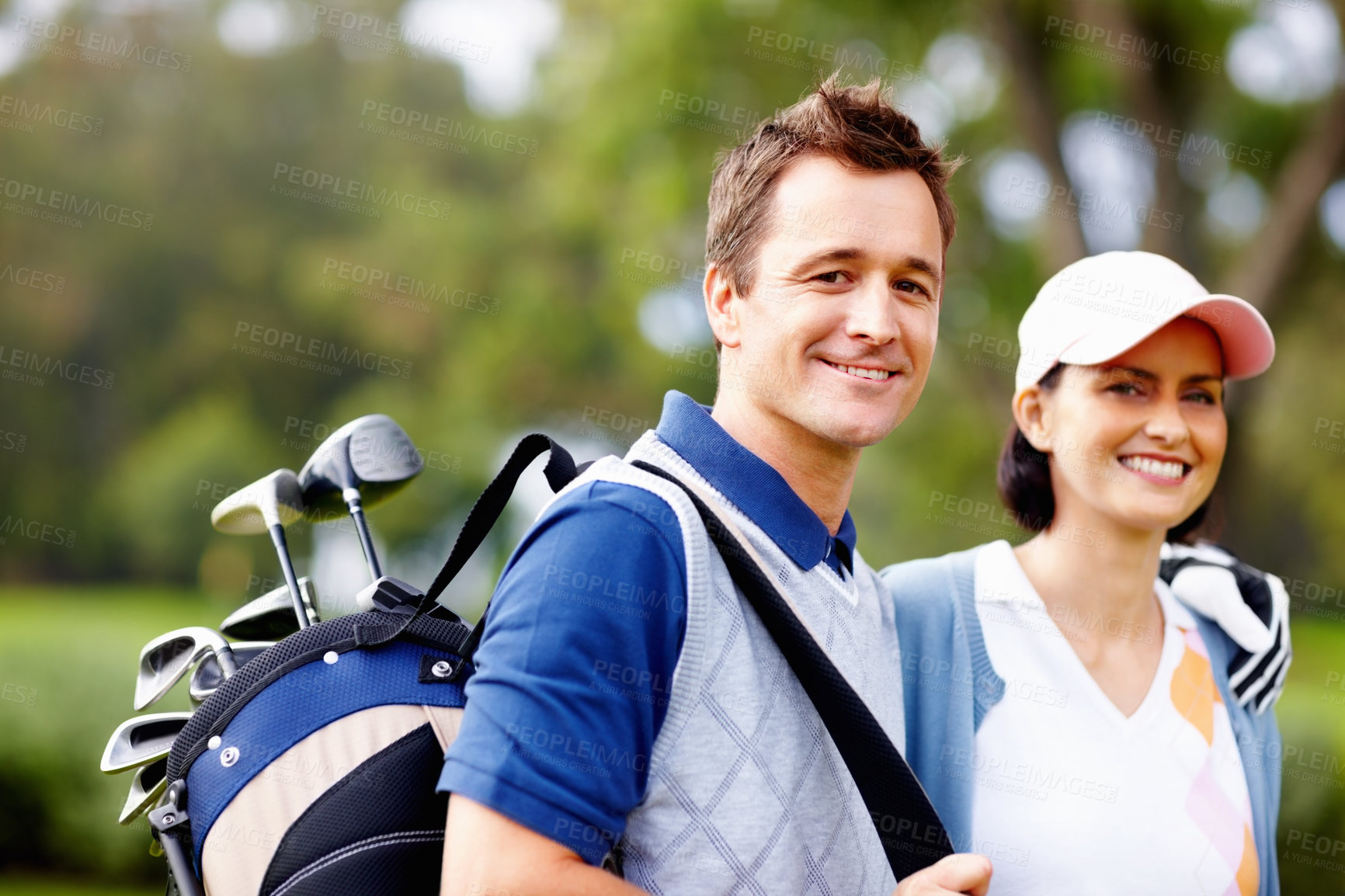 Buy stock photo Golf, smile and outdoor portrait of couple on course with game, confidence and teamwork on fitness adventure. Support, happy woman and man on green for fun sports date, health and wellness together.