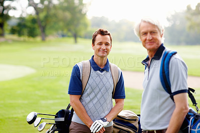 Buy stock photo Smile, portrait and men on golf course together for game, outdoor fun and fitness on weekend morning. Partnership, teamwork and friends on grass for sports date, health and wellness with exercise