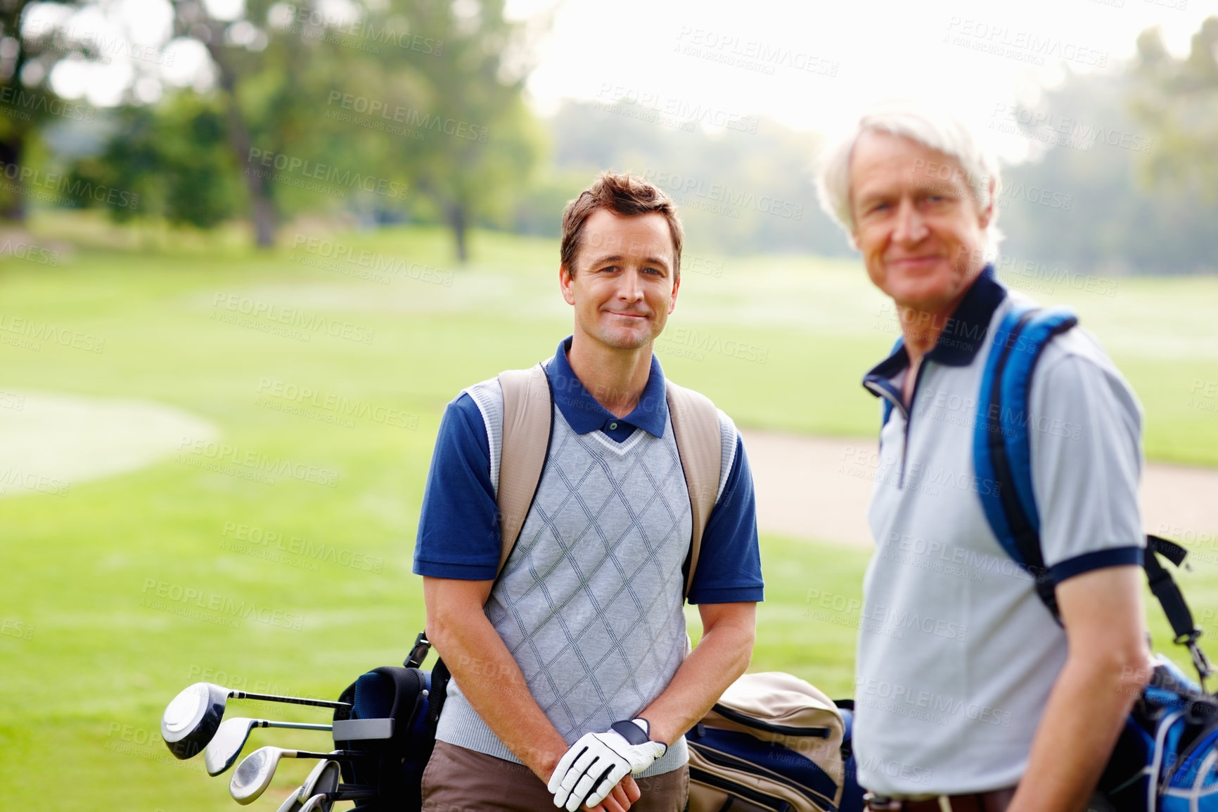 Buy stock photo Smile, portrait and men on golf course together for game, outdoor fun and fitness on weekend morning. Partnership, teamwork and friends on grass for sports date, health and wellness with exercise